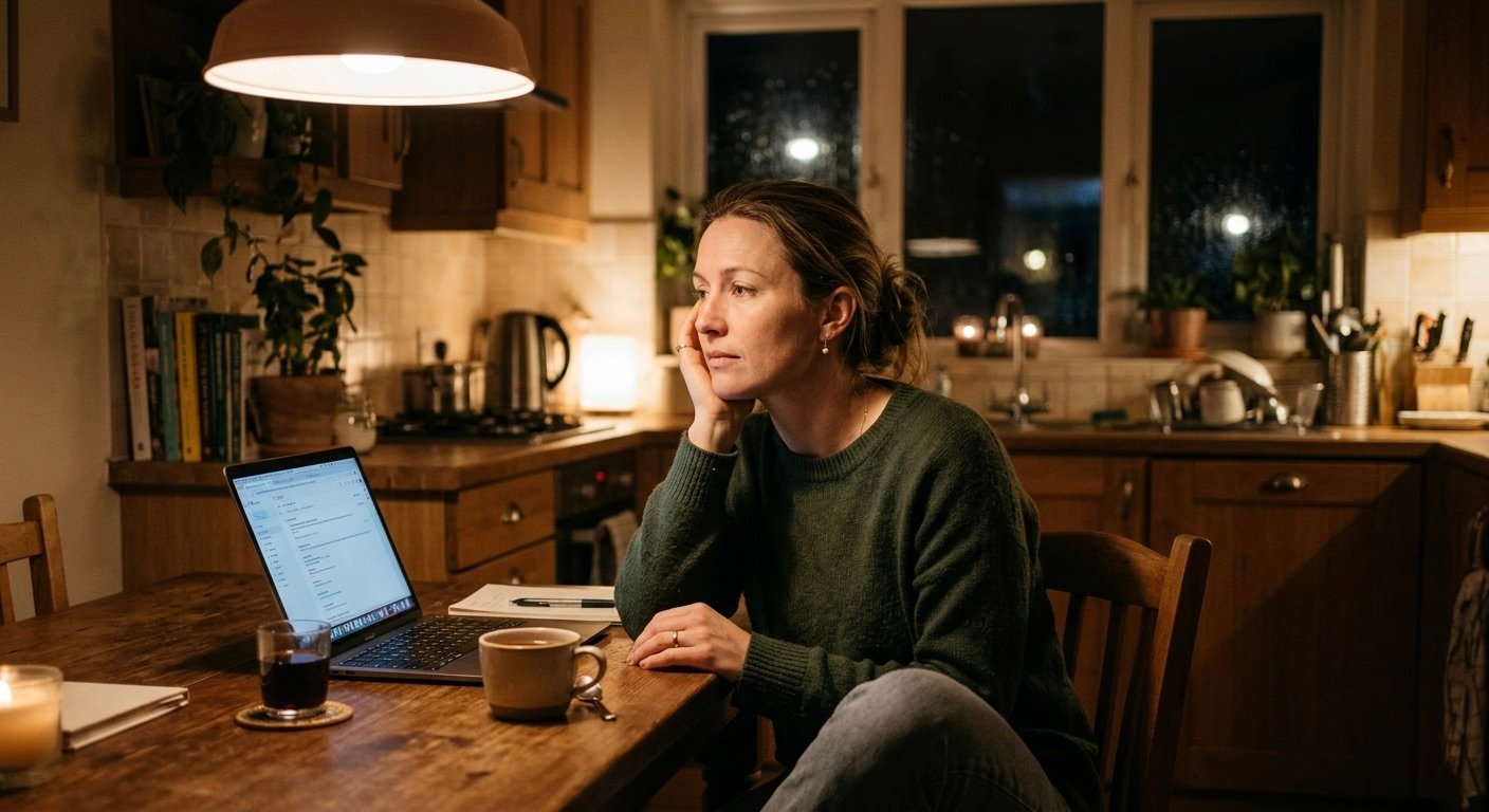 Vrouw aan keukentafel 's avonds met laptop, in gedachten verzonken — herkenbaar beeld van werkdruk en uitputting