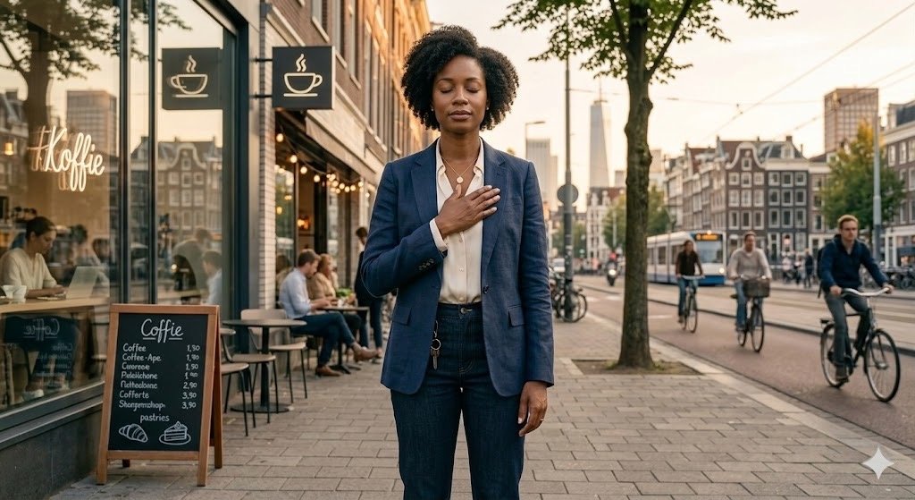 vrouw staat stil in drukke stad met hand op borst, ogen gesloten, aanwezig in het moment