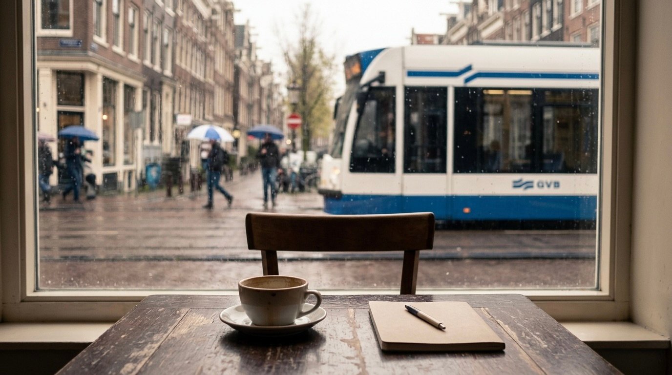 Lege stoel en koffie voor een regenachtig raam in een Amsterdams café, met een tram die voorbijrijdt