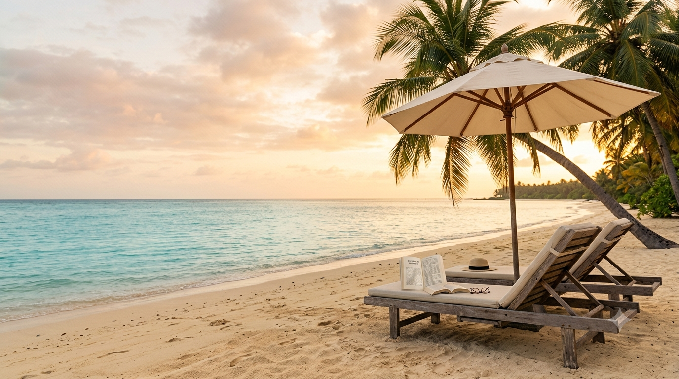 Lege strandstoelen met parasol en boek op het strand tijdens vakantie