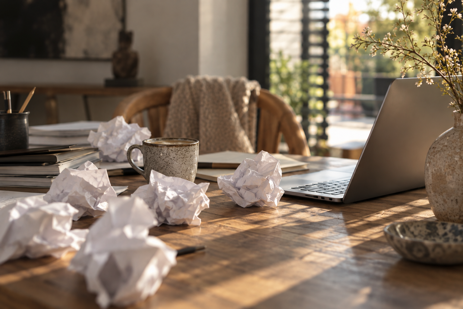 Bureau met propjes papier. weggegooid. perfectionisme.